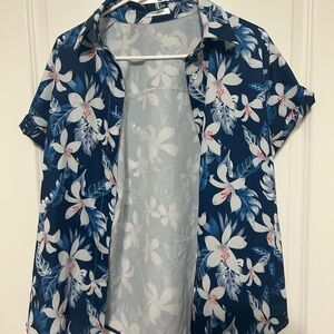 zeagoo Navy Blue Floral Button-Down Top with White Blossoms